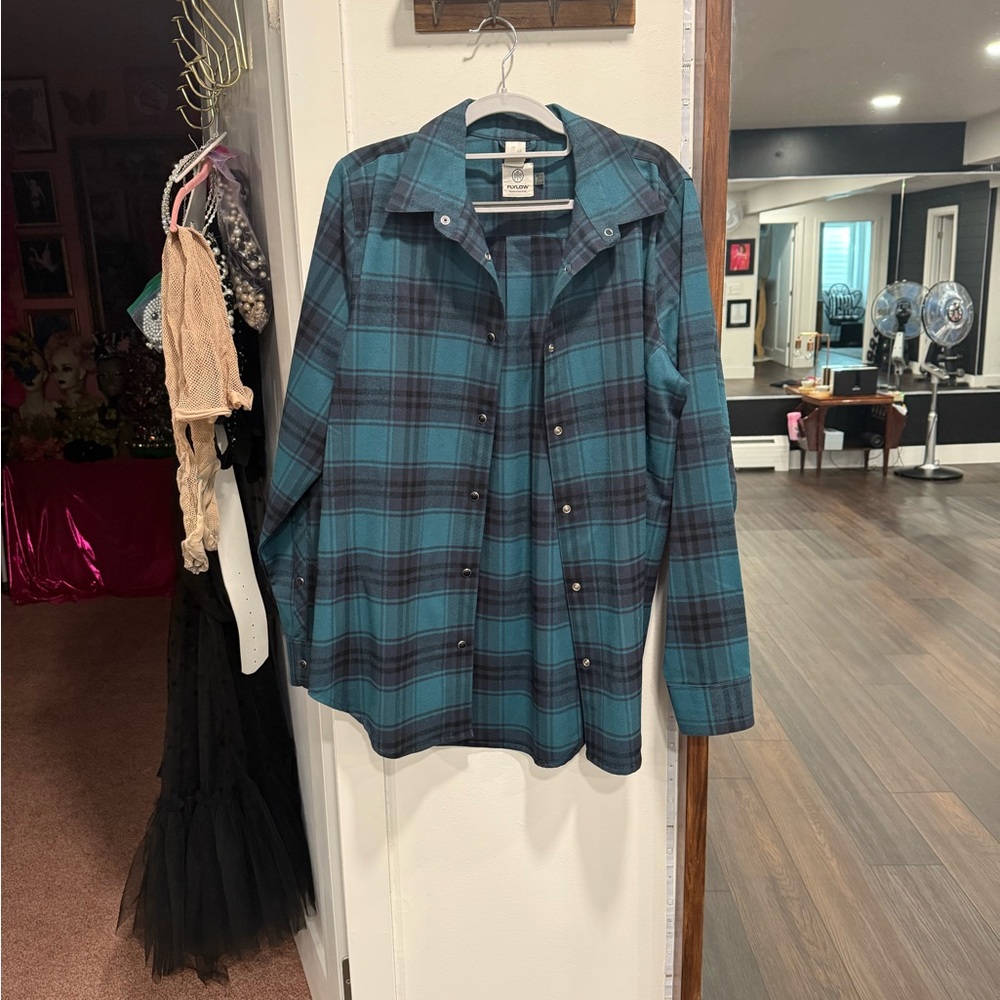Teal and Black Plaid Button-Up Flannel